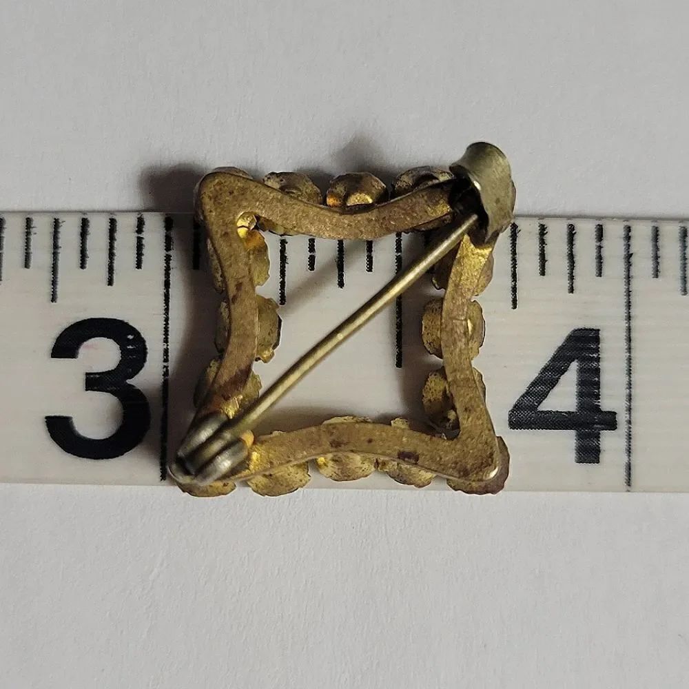 Early Rhinestone Square Pin Clear Rhinestones Gold Tone Metal - Picture 4 of 6